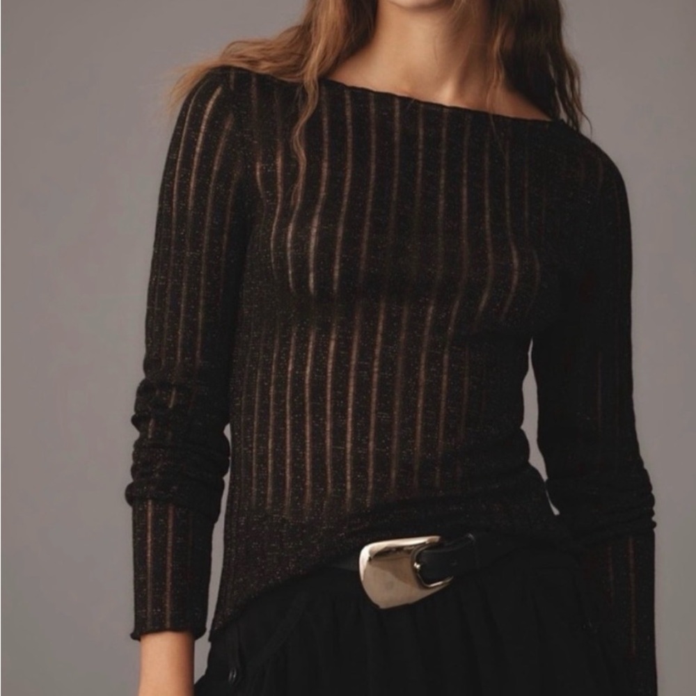 Pilcro Black Sheer Striped Off-the-Shoulder Sweater